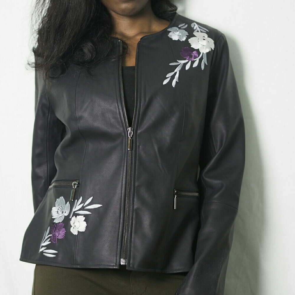 NWT Alfani Faux Leather Jacket w/Embroidery